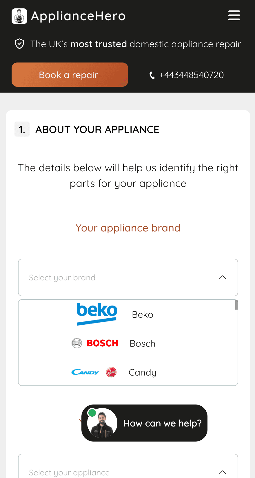 Appliance Hero — mobile booking flow