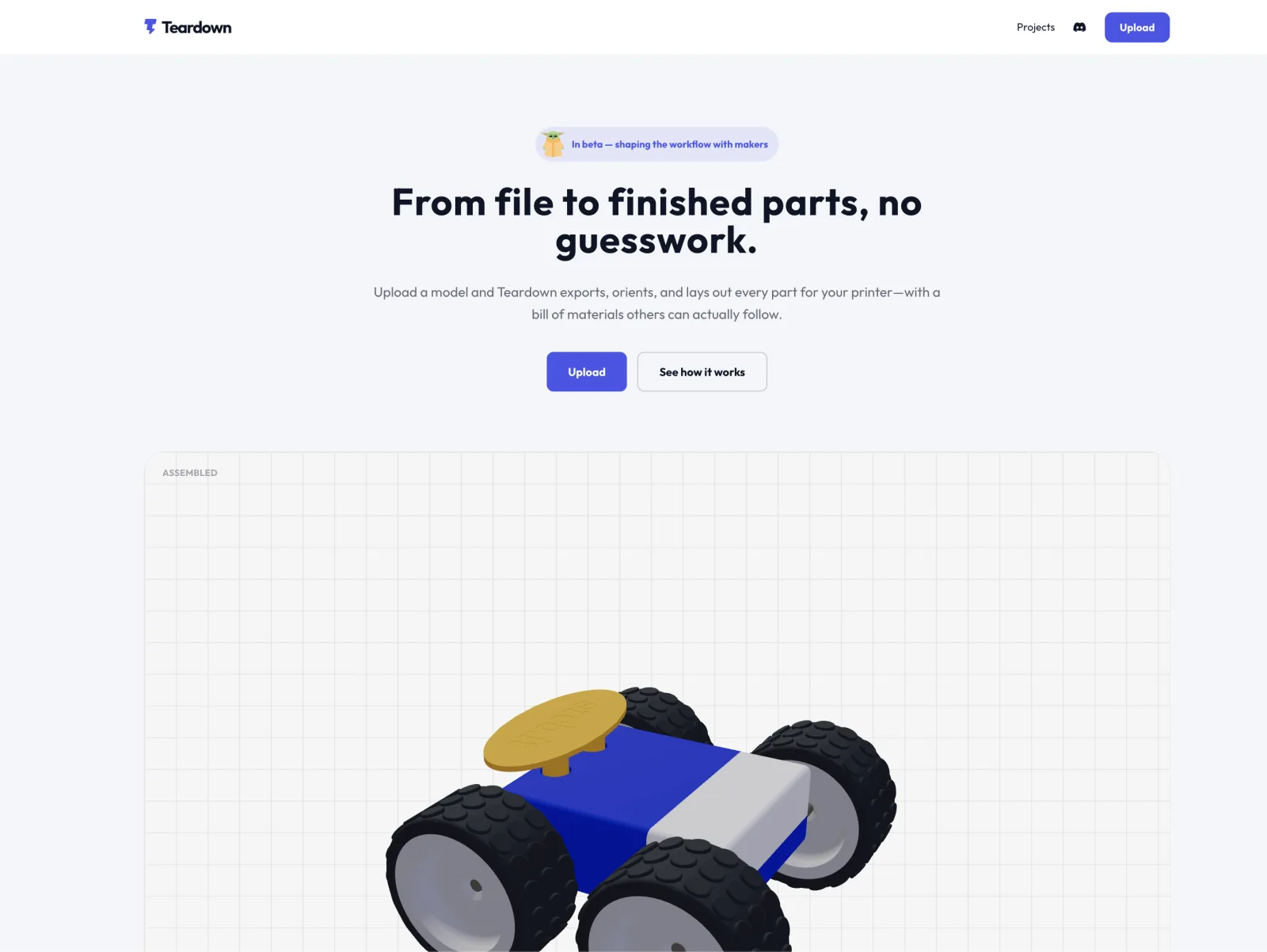TEARDOWN — assembled model on the landing canvas